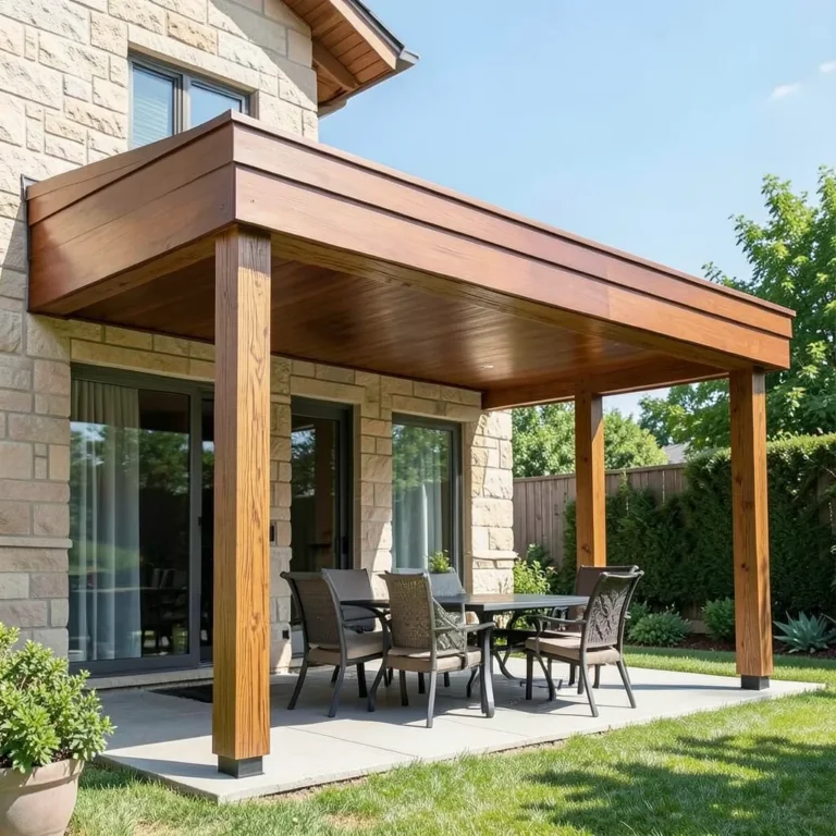 A solid wood-look aluminum patio cover attached to a house over a backyard seating area