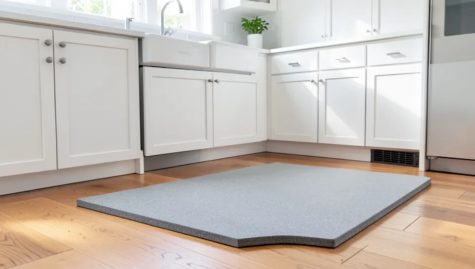 Anti-fatigue mat with beveled edge placed on a hardwood kitchen floor in front of a sink