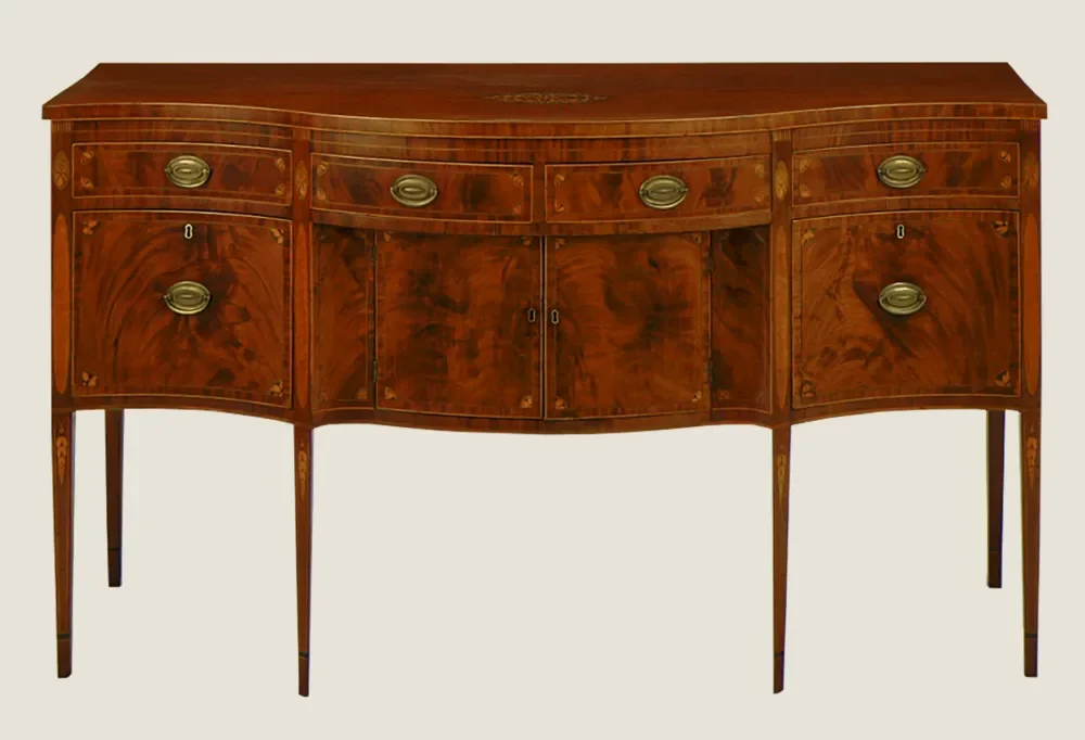 Antique sideboard with flame-figured mahogany veneer doors and drawers