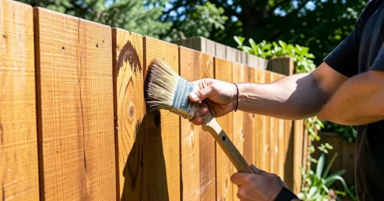 Applying stain to a wood fence with a brush