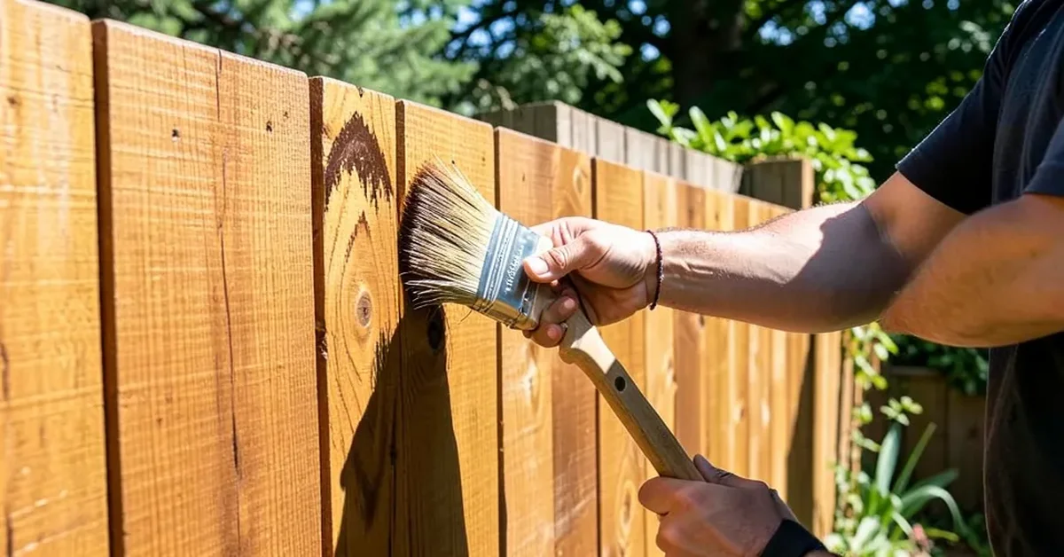 Applying stain to a wood fence with a brush