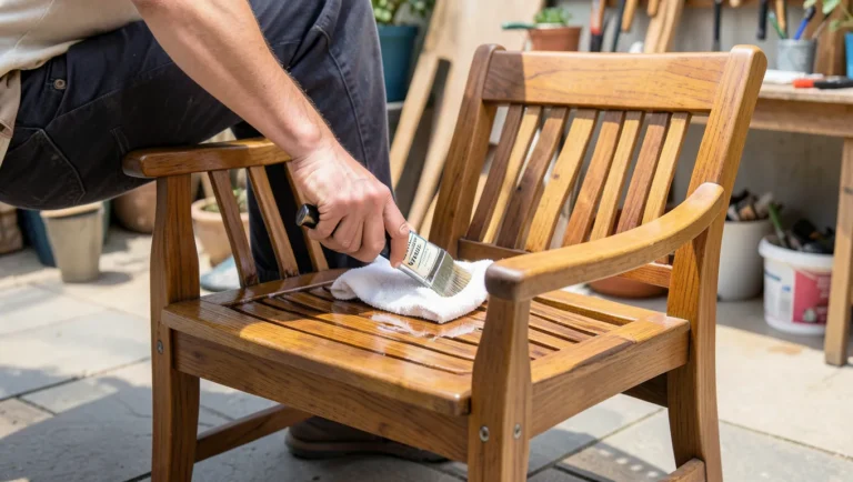 Wiping oil finish onto an outdoor teak wood chair with a cloth