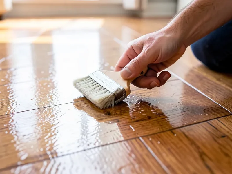 Applying satin polyurethane to a wood floor with a lambswool applicator