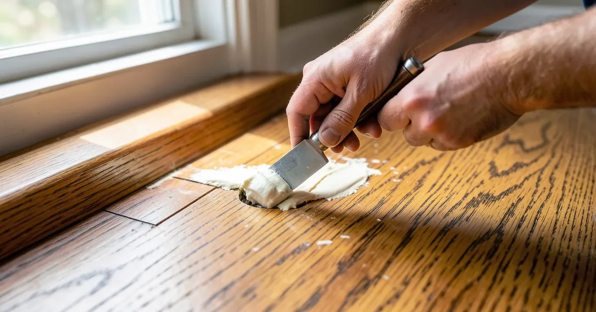 Applying wood filler into a hole in an oak hardwood floor plank
