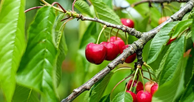 Ripe cherries with leaves and bark on a cherry tree branch