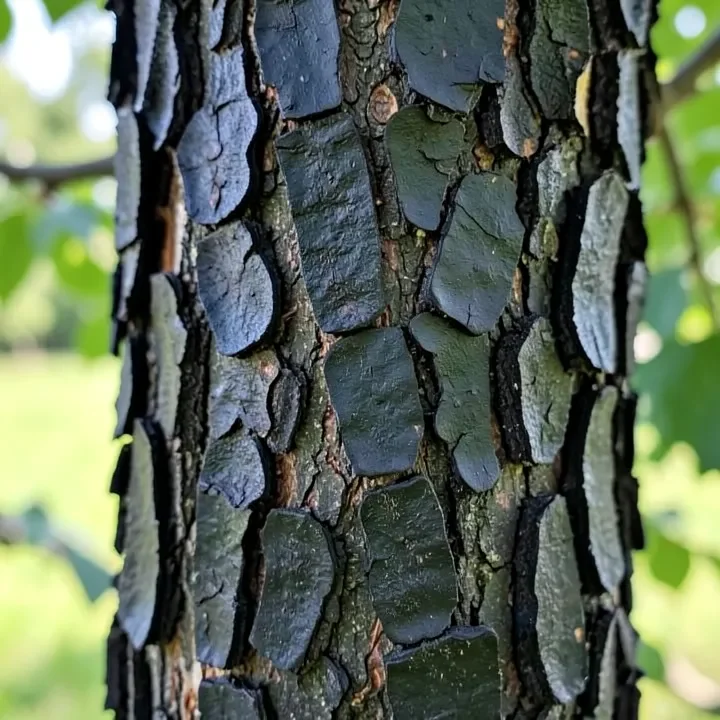 Mature black cherry bark with scaly plate-like texture used for identification