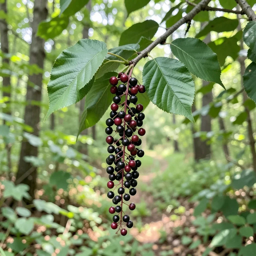 Wild black cherry branch with small dark fruit in a drooping raceme