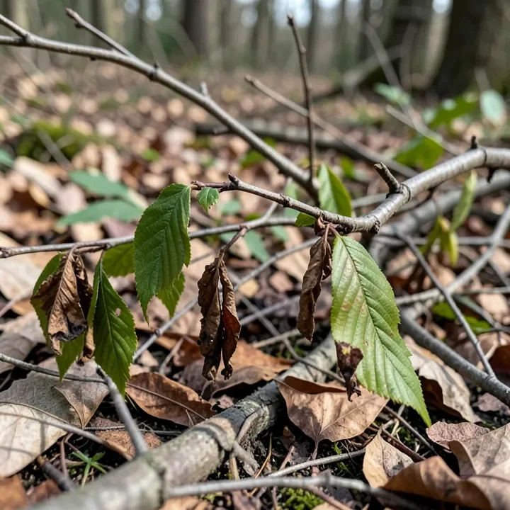 Wilted wild cherry leaves on a broken branch, the highest-cyanide-risk plant part