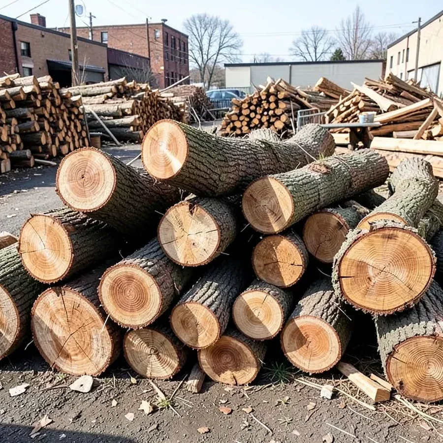 Pile of freshly cut ash tree logs at an urban lumber salvage yard