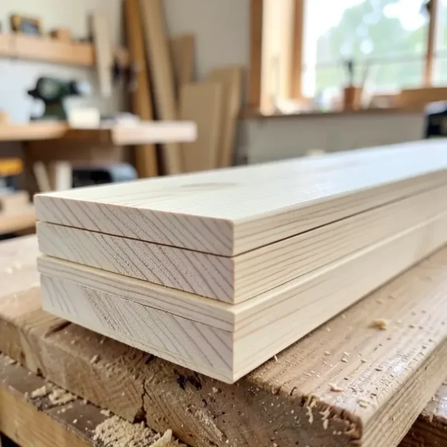 Stacked ash wood lumber boards showing pale open straight grain