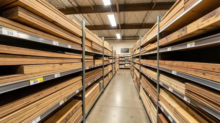 Hardwood lumber aisle at a home improvement store showing stocked wood board species