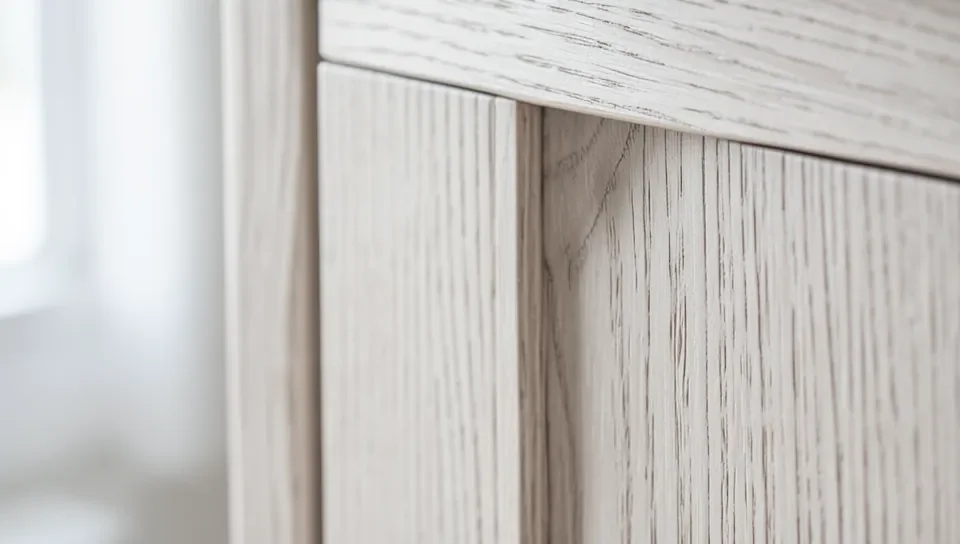 Close-up of ash wood grain on a cabinet door showing its pale color and open straight grain
