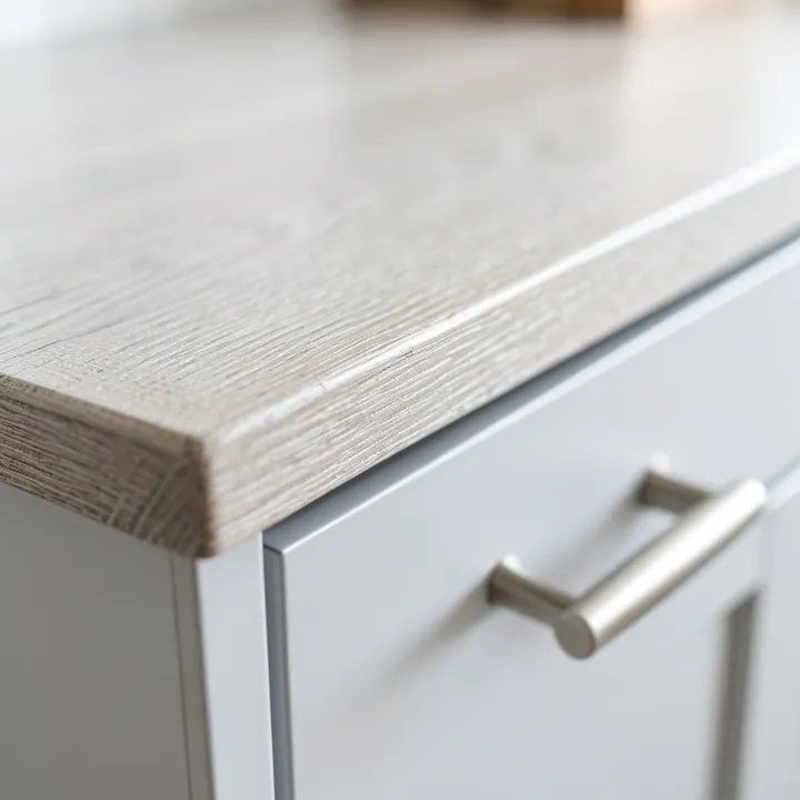 close-up of light ash wood grain on a kitchen island countertop edge close-up of light ash wood grain on a kitchen island countertop edge with a cabinet pull handle