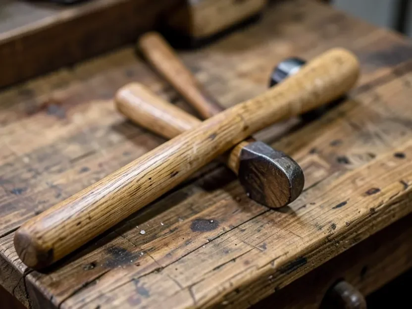 Wooden hammer and mallet handles made of ash wood on a workbench, showing shock-resistant grain