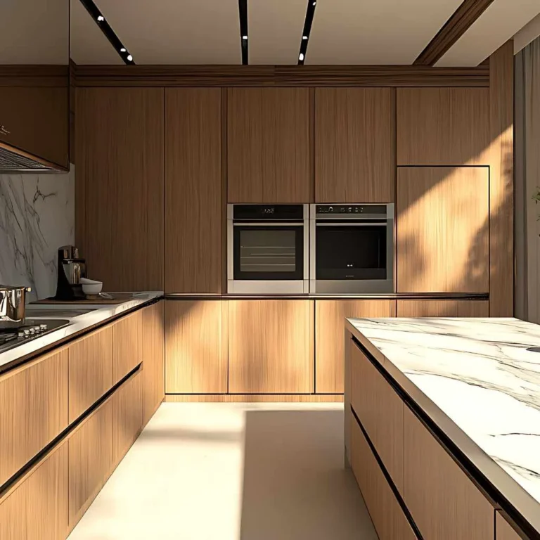 Modern light ash wood kitchen cabinets with wood grain finish and marble countertop island