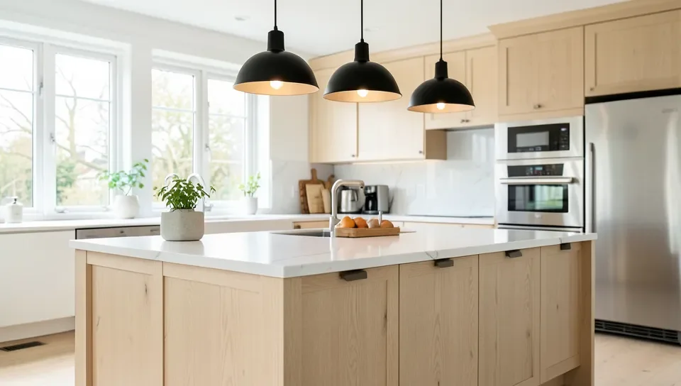Ash wood kitchen island with white stone countertop and black pendant lights