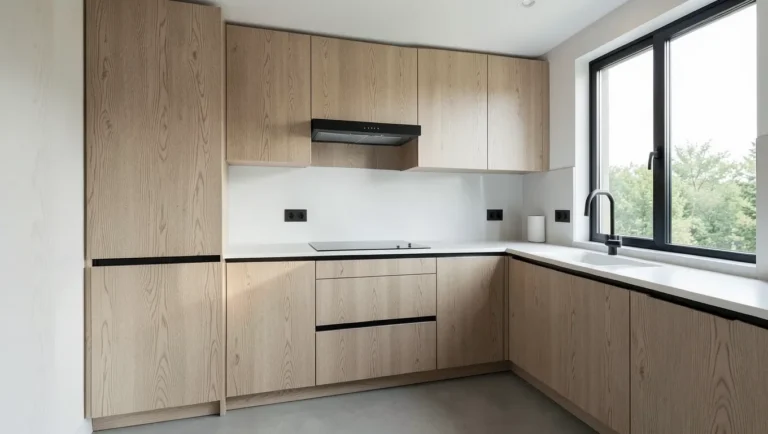 Modern kitchen with light ash wood cabinets and quartz countertops