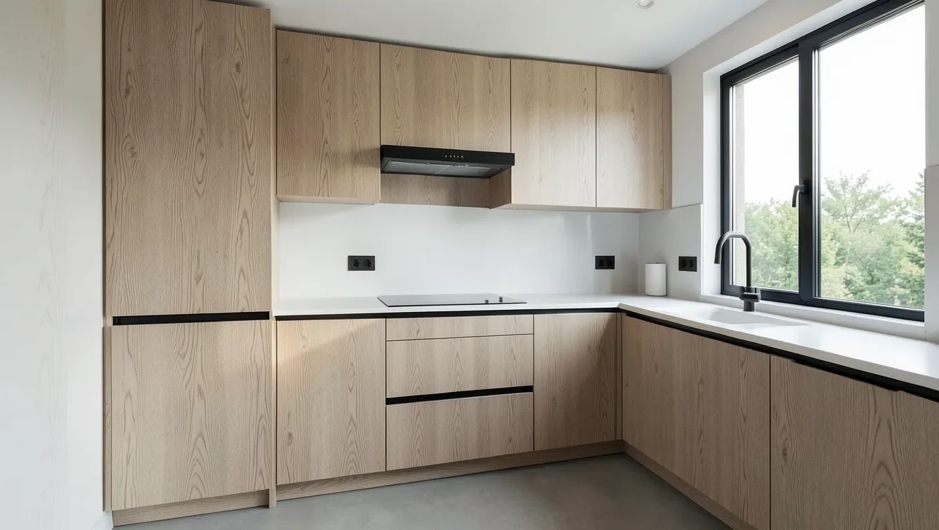 Modern kitchen with light ash wood cabinets and quartz countertops