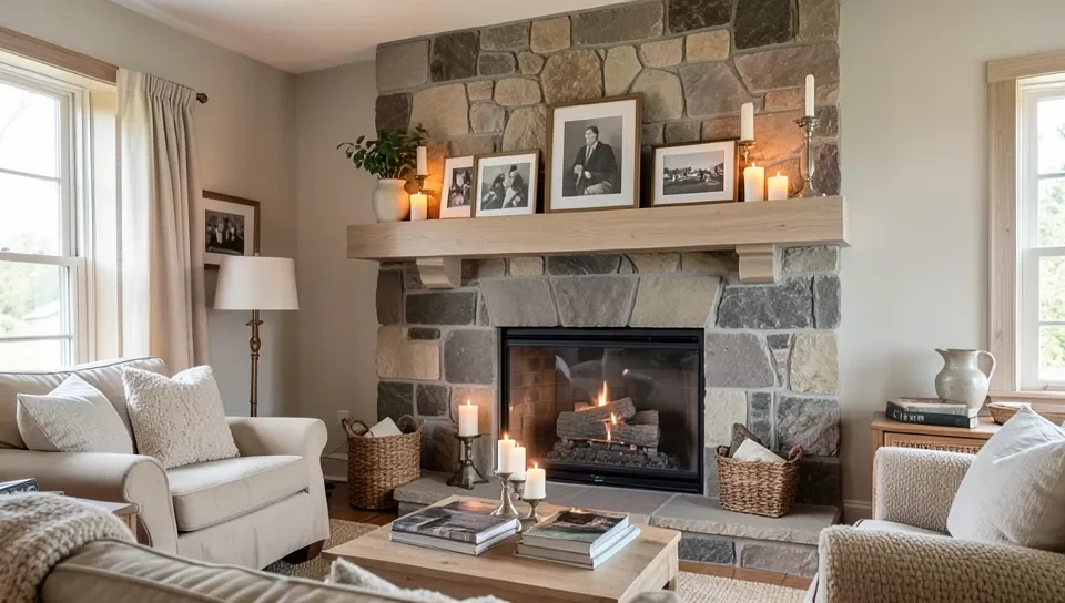 Farmhouse living room with a light ash wood mantel over a stone fireplace