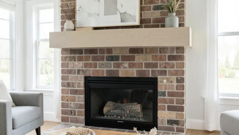 Pale ash wood fireplace mantel installed above a modern brick fireplace