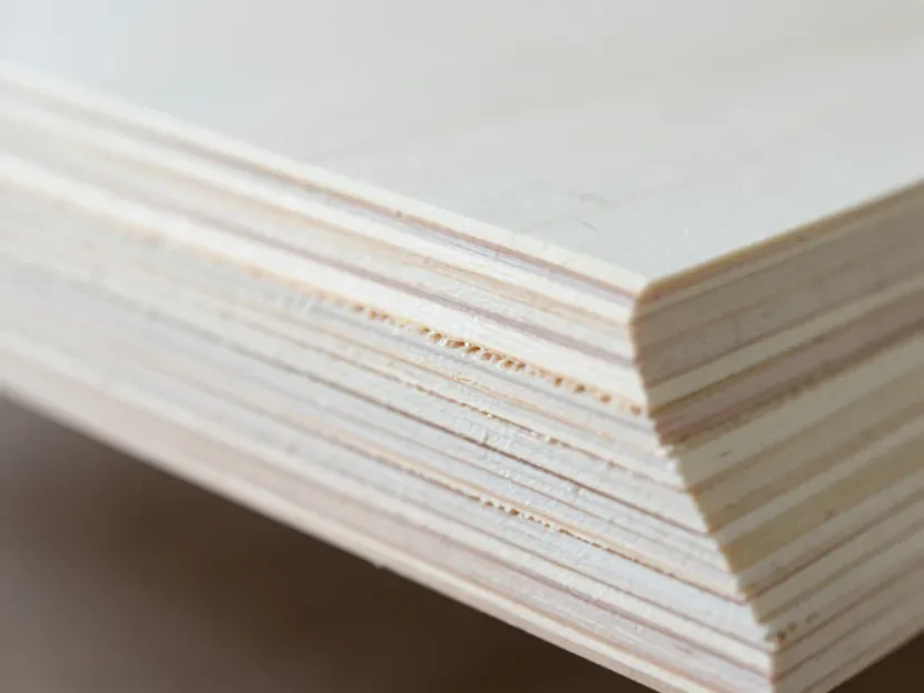 Close-up of a Baltic birch plywood edge showing void-free, tightly stacked plies