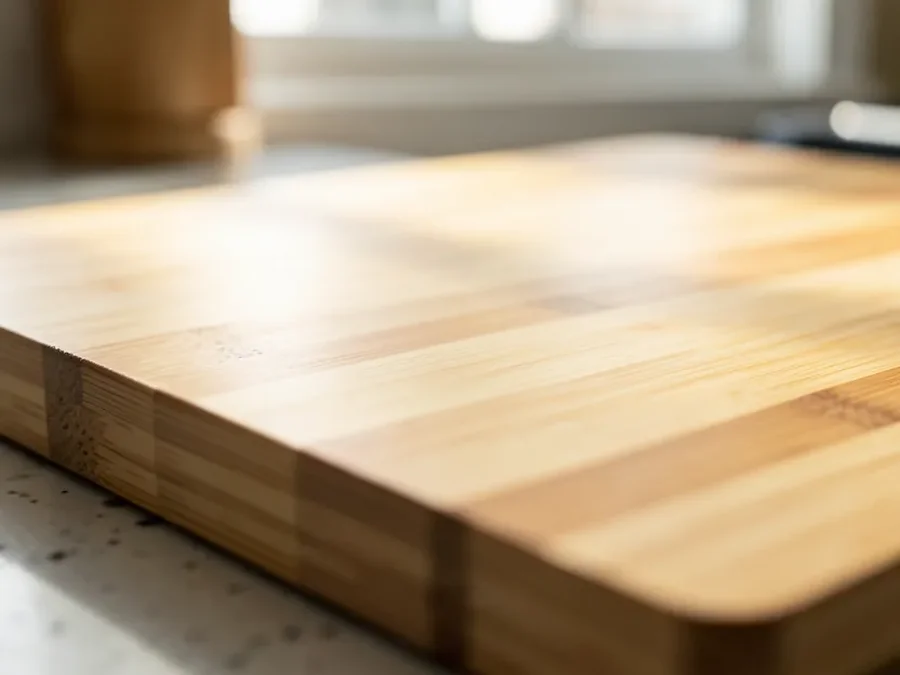 Close-up of a laminated bamboo cutting board surface