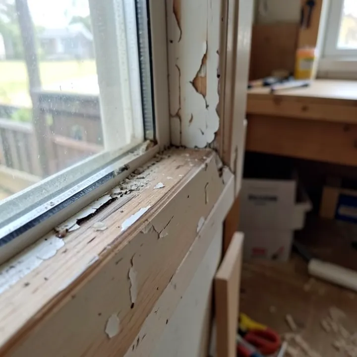 Close-up of chipped and peeling paint on a wooden windowsill before removal