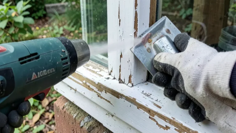 Using a heat gun and scraper to remove flaking paint from wood trim