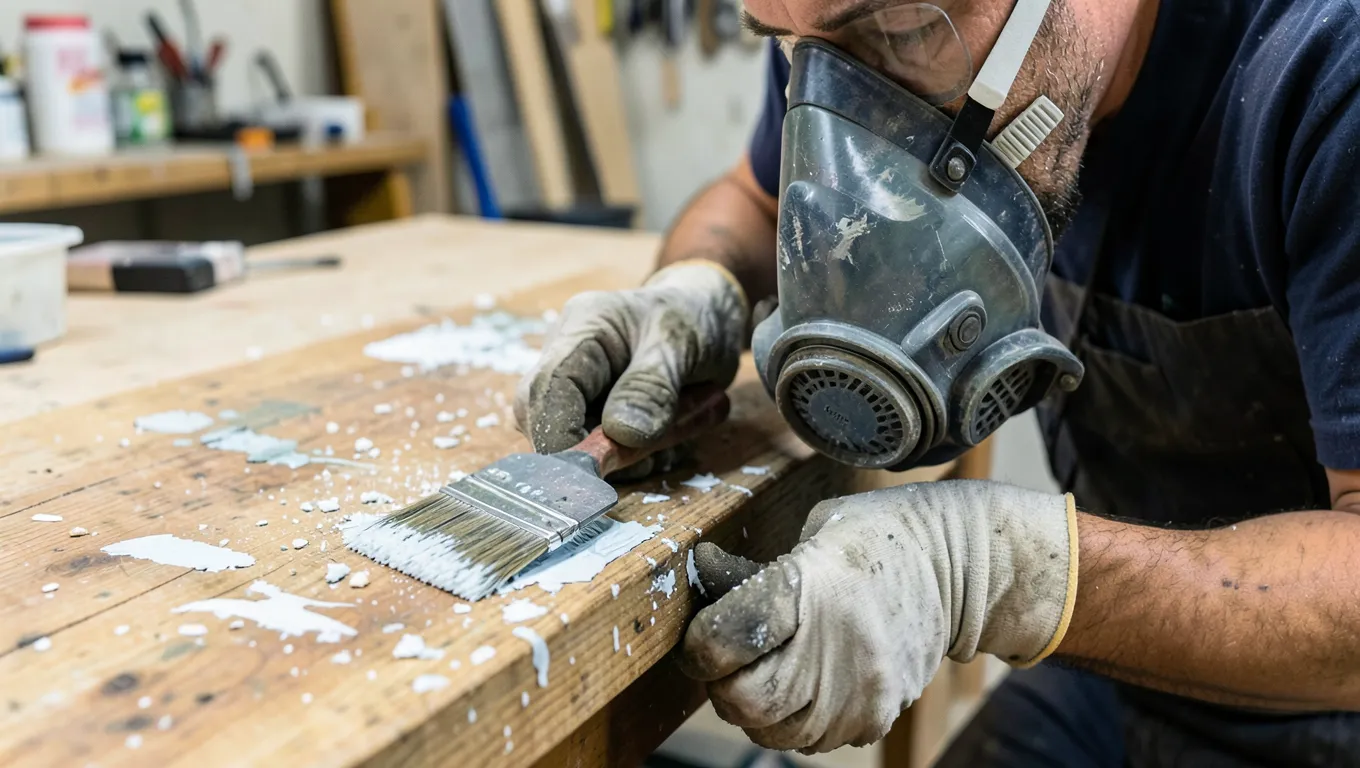 Person wearing gloves and a respirator scraping old paint off wood with a putty knife