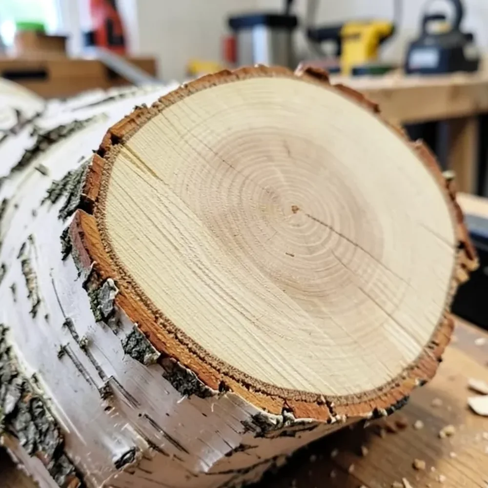 Close-up of birch log cross-section showing pale wood grain and bark