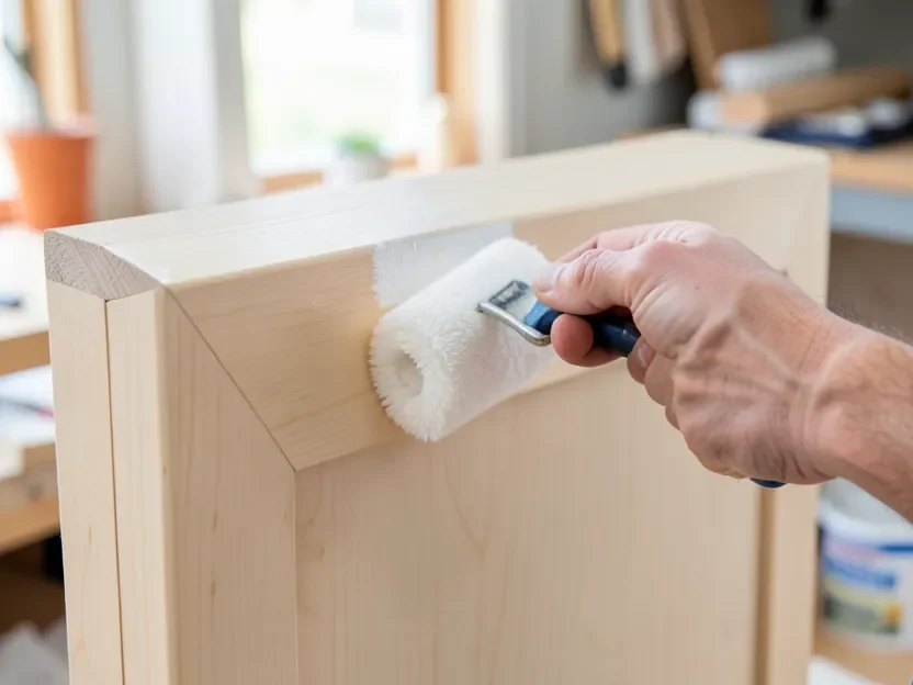 Painting a primer coat onto a smooth birch plywood cabinet panel