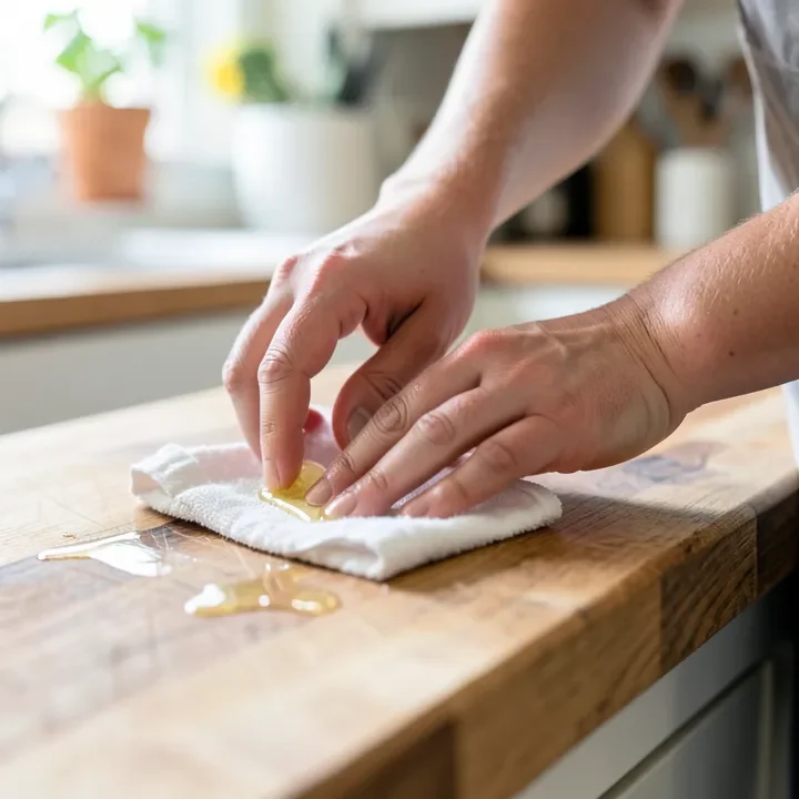 Applying food-grade mineral oil to a wood butcher block with a cloth