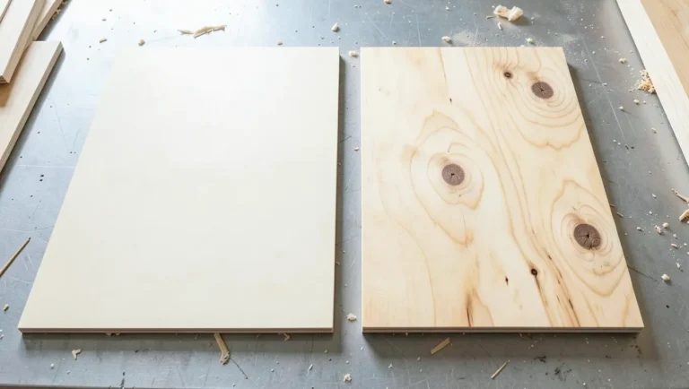 Birch plywood and pine plywood sheets shown side by side, highlighting the pale uniform birch grain versus pine's visible knots