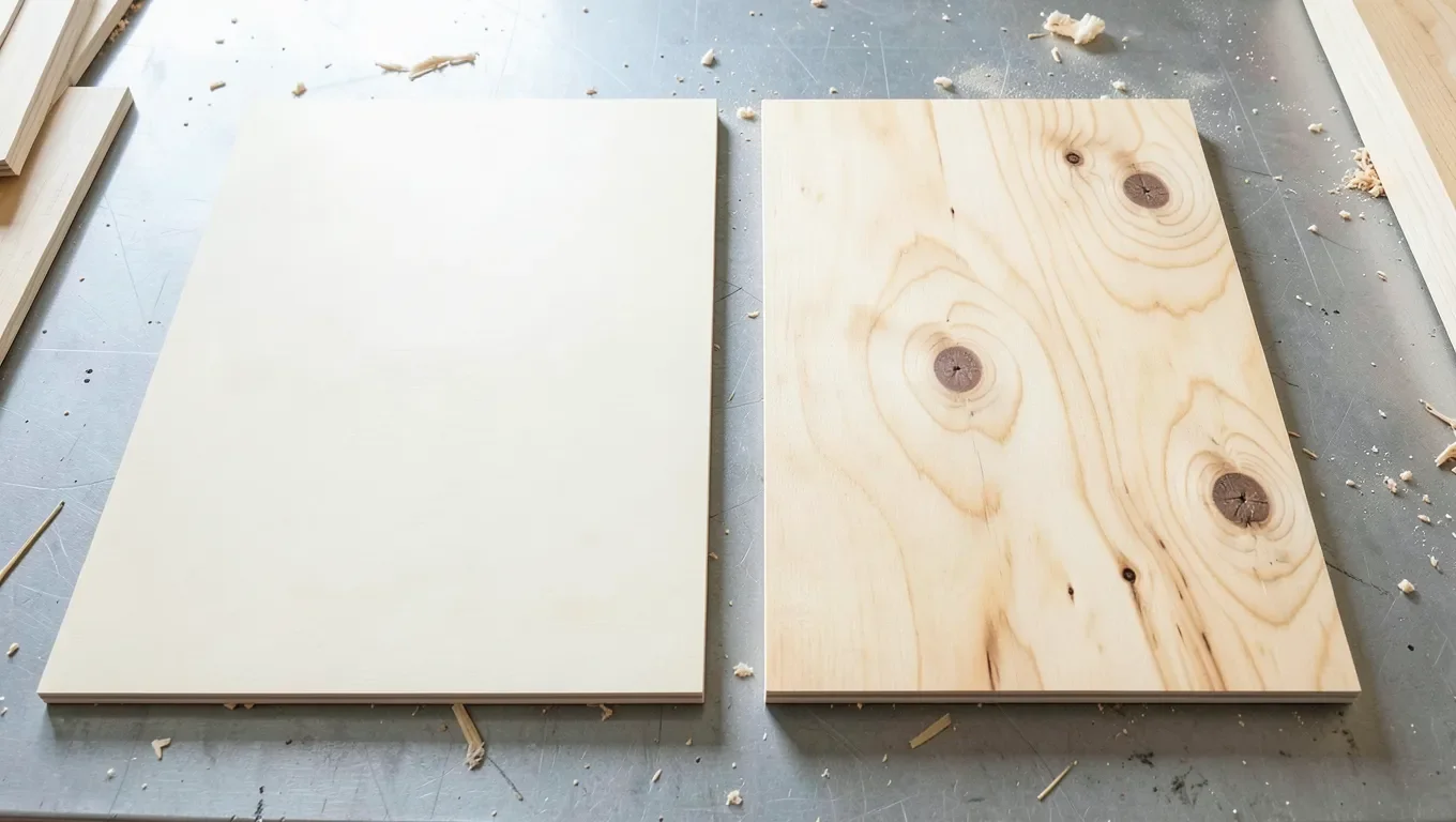 Birch plywood and pine plywood sheets shown side by side, highlighting the pale uniform birch grain versus pine's visible knots