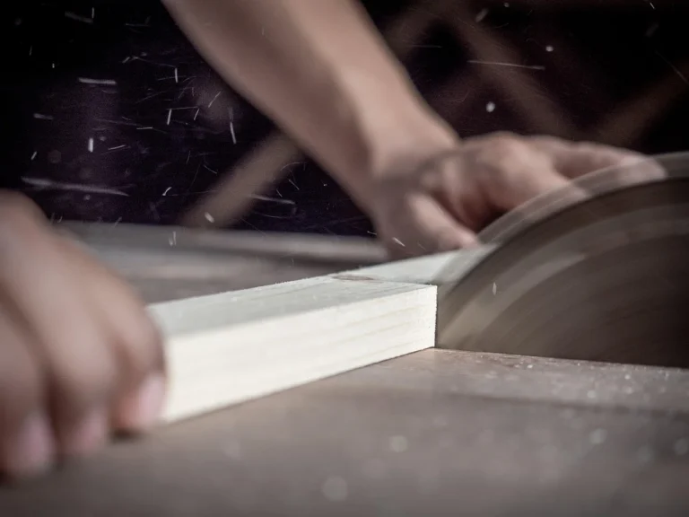 Table saw cutting a strip of light-colored plywood, showing the layered ply edge used to compare birch and poplar plywood