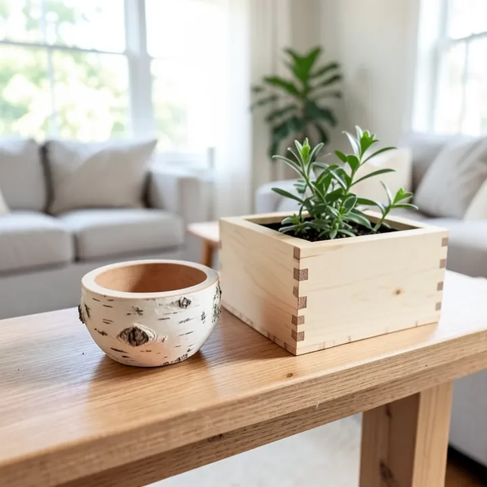 Birch wood decorative bowl and a birch plywood planter box used as home decor