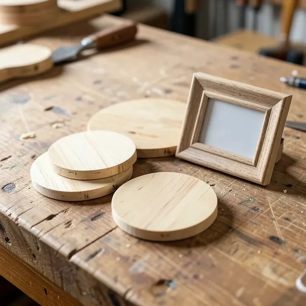 Round birch wood coasters and a small picture frame on a workbench