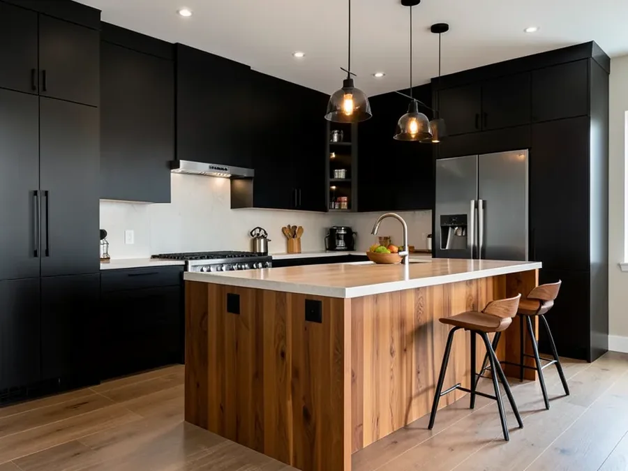 Kitchen with matte black cabinets and a warm wood island providing contrast
