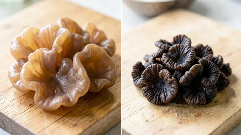 Fresh wood ear mushroom next to dried black fungus wood ear mushroom pieces
