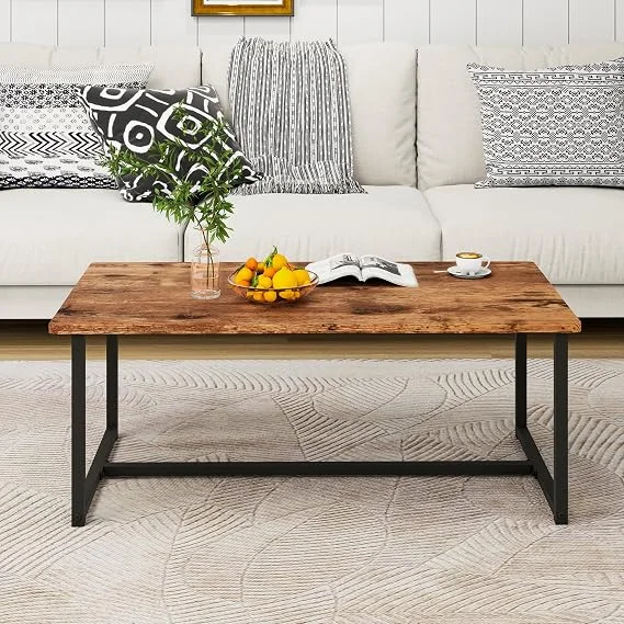 Rectangular coffee table with black metal frame and rustic brown wood top