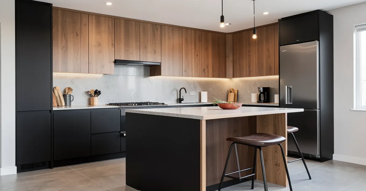 Modern kitchen with matte black lower cabinets and warm wood upper cabinets