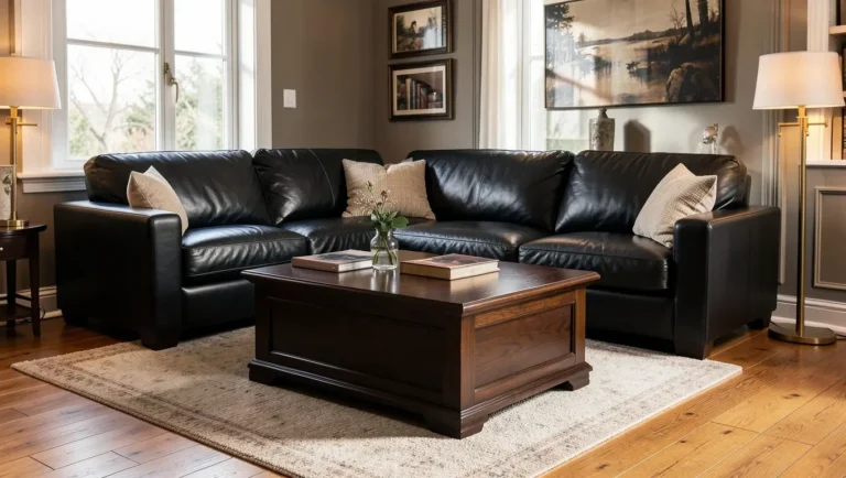 A living room combining black furniture with warm wood tones