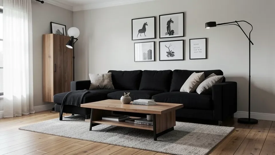 A modern living room combining black furniture with warm wood tones