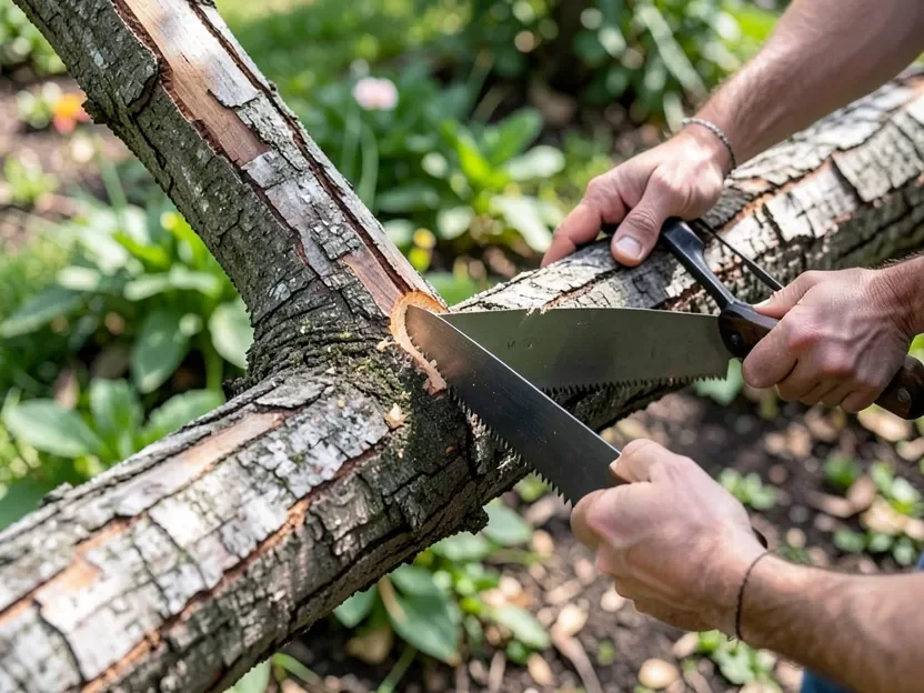 Using a bow saw to cut a thick tree branch outdoors