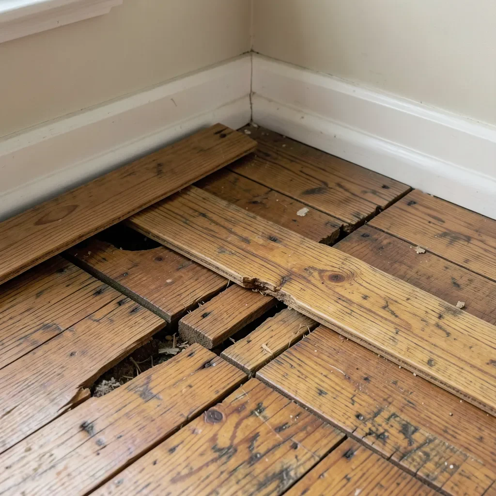 Warped and buckled hardwood floor boards lifting from the subfloor