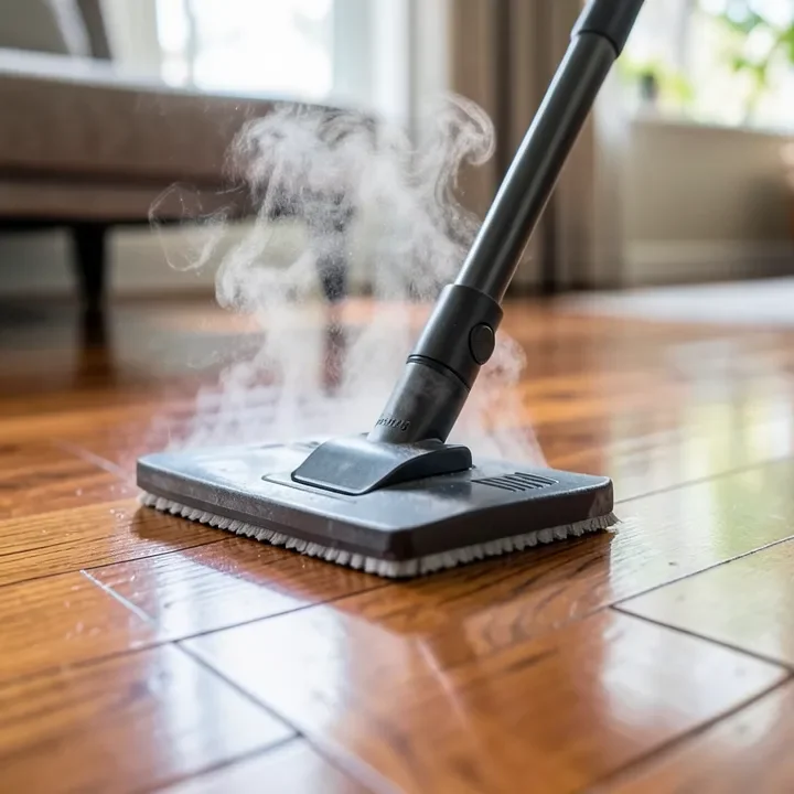 steam mop head releasing vapor above a sealed hardwood floor