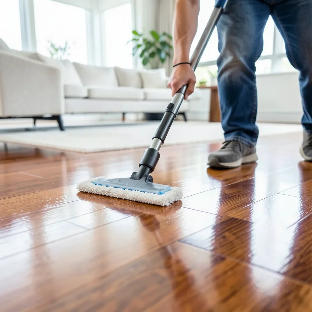 person mopping a sealed hardwood floor with a spray mop