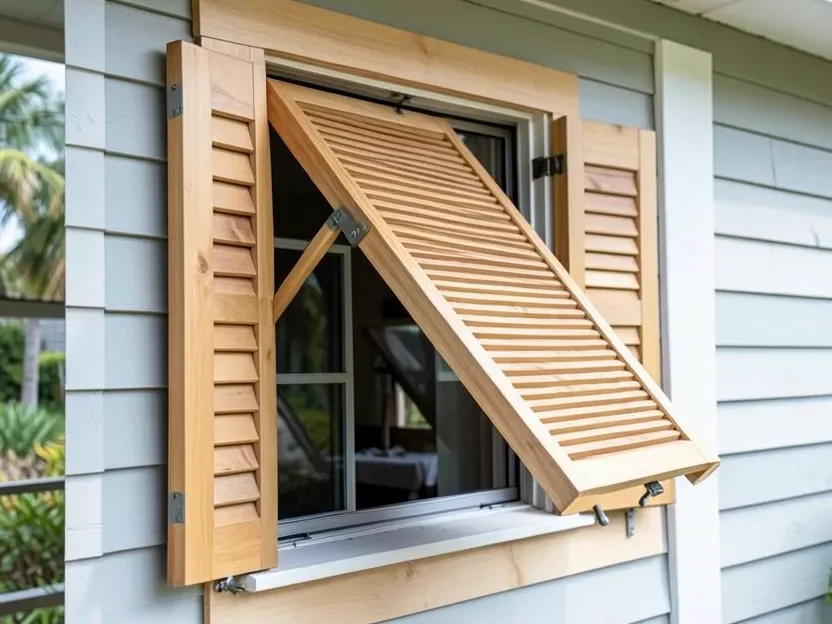 Cedar Bahama style shutter hinged at the top and propped open over a window on a coastal home