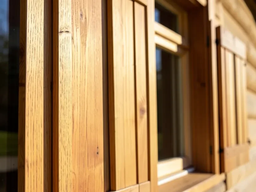 Close-up of natural cedar board-and-batten exterior shutters showing vertical boards and battens