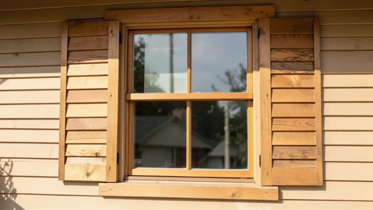 Natural cedar louvered shutters sized to fully cover a window on a home exterior